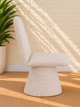 Load image into Gallery viewer, Ethel upholstered dining chair in Vanilla Oat interwoven polyester fabric with sculptural pedestal base
