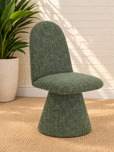 Load image into Gallery viewer, Ethel upholstered dining chair in Woodland Green interwoven polyester fabric with sculptural pedestal base
