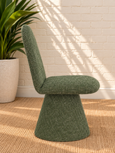Load image into Gallery viewer, Ethel upholstered dining chair in Woodland Green interwoven polyester fabric with sculptural pedestal base
