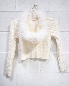 Cream Zip Up Sweater with Furry Hood (L)