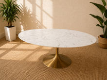 Load image into Gallery viewer, Daisy Modern Oval Marble Dining Table with Brass Tulip Pedestal Base
