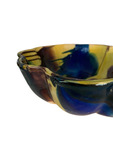 Vintage Oaxacan Blue Green Drip Glaze Scalloped Bowl