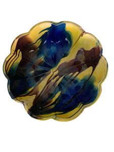Vintage Oaxacan Blue Green Drip Glaze Scalloped Bowl