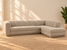 Load image into Gallery viewer, Felicity 2-piece L-shaped sectional sofa in Ivory Beige textured upholstery with rounded arms, deep channel-tufted back, and contemporary silhouette.
