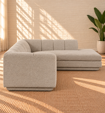 Load image into Gallery viewer, Felicity 2-piece L-shaped sectional sofa in Ivory Beige textured upholstery with rounded arms, deep channel-tufted back, and contemporary silhouette.
