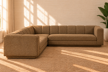 Load image into Gallery viewer, Felicity 3-piece L-shaped sectional sofa in Caramel Brown textured upholstery with rounded arms, deep channel-tufted back, and contemporary design.
