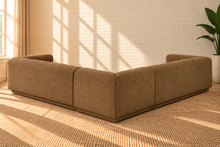 Load image into Gallery viewer, Felicity 3-piece L-shaped sectional sofa in Caramel Brown textured upholstery with rounded arms, deep channel-tufted back, and contemporary design.
