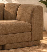 Load image into Gallery viewer, Felicity 3-piece L-shaped sectional sofa in Caramel Brown textured upholstery with rounded arms, deep channel-tufted back, and contemporary design.
