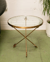 Load image into Gallery viewer, Gilt Metal Tripod Arrow Glass Top Table
