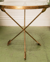 Load image into Gallery viewer, Gilt Metal Tripod Arrow Glass Top Table
