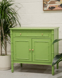 Vintage Green Painted Nightstand with Bamboo Design