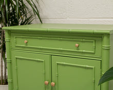 Load image into Gallery viewer, Vintage Green Painted Nightstand with Bamboo Design
