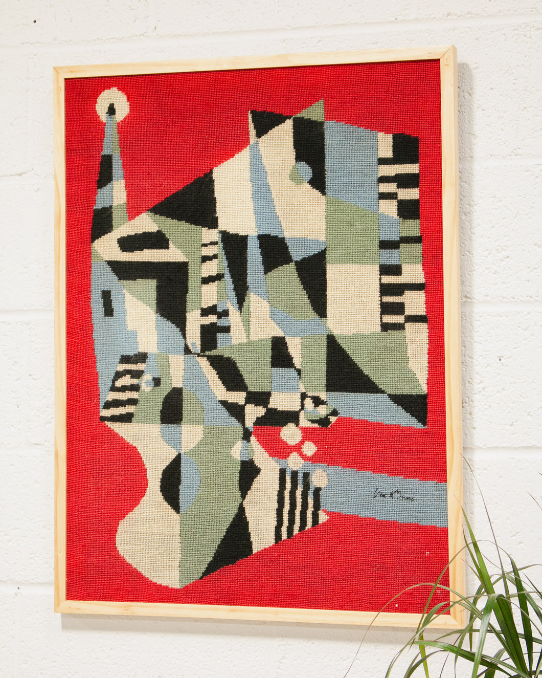 Large Fiber Art needlework tapestry in the manner of Stuart Davis