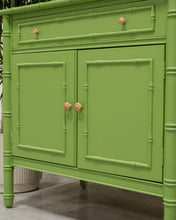 Load image into Gallery viewer, Vintage Green Painted Nightstand with Bamboo Design
