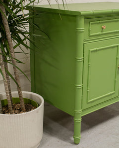 Vintage Green Painted Nightstand with Bamboo Design