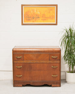 Walnut Art Deco Lowboy Dresser with Mirror
