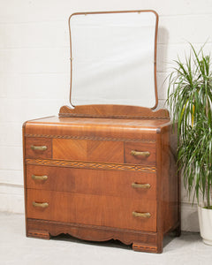 Walnut Art Deco Lowboy Dresser with Mirror