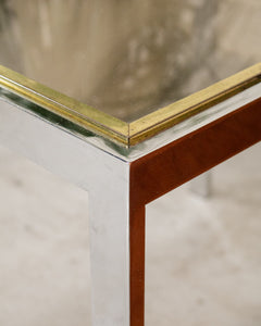 Chrome Side Table with Smoke Glass and Brass Accents