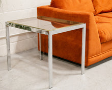 Load image into Gallery viewer, Chrome Side Table with Smoke Glass and Brass Accents
