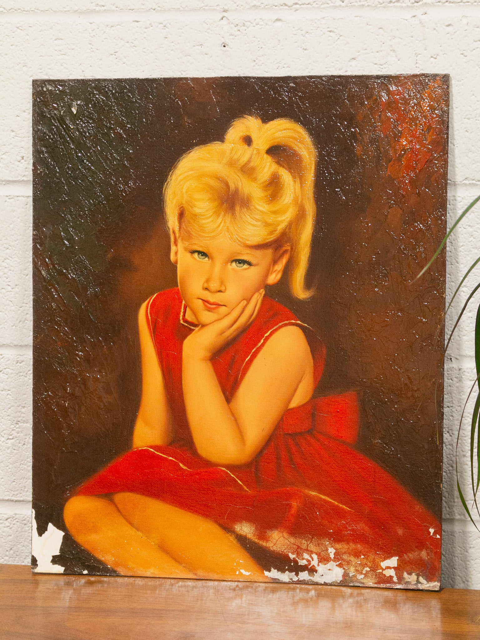 red dress oil painting Little Girl in Red Dress Oil Painting Sunbeam Vintage