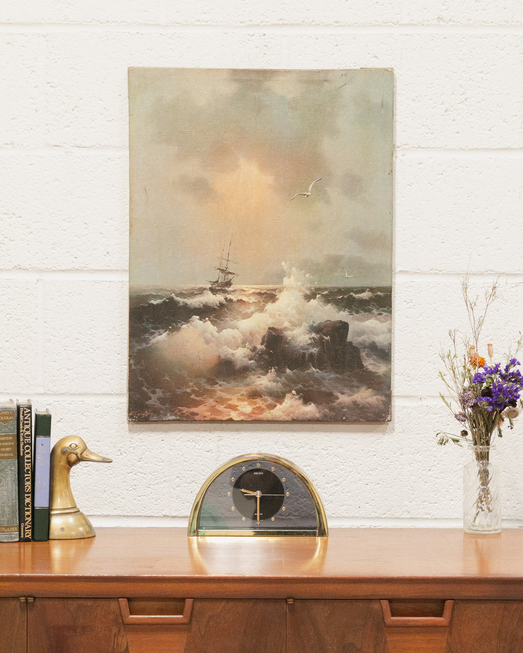 Boat and Gulls on Ocean Waves Print