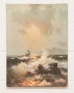 Boat and Gulls on Ocean Waves Print