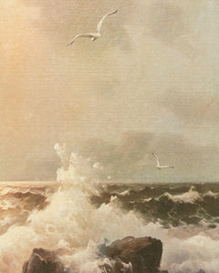 Boat and Gulls on Ocean Waves Print