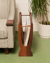 Load image into Gallery viewer, MCM Magazine Rack Holder Atomic Scheibe Teak wood Spindle Mid Century Modern Danish

