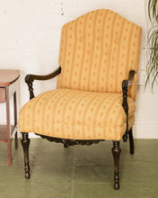 Load image into Gallery viewer, Queen Anne Style Yellow Stripe Floral Brocade Fabric Armchair Circa 1920’s
