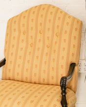 Load image into Gallery viewer, Queen Anne Style Yellow Stripe Floral Brocade Fabric Armchair Circa 1920’s
