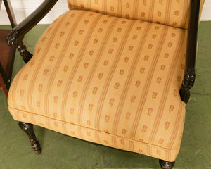 Queen Anne Style Yellow Stripe Floral Brocade Fabric Armchair Circa 1920’s