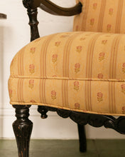 Load image into Gallery viewer, Queen Anne Style Yellow Stripe Floral Brocade Fabric Armchair Circa 1920’s
