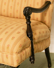 Load image into Gallery viewer, Queen Anne Style Yellow Stripe Floral Brocade Fabric Armchair Circa 1920’s
