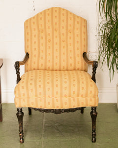 Queen Anne Style Yellow Stripe Floral Brocade Fabric Armchair Circa 1920’s