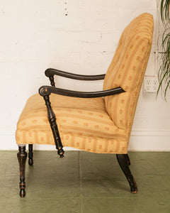 Queen Anne Style Yellow Stripe Floral Brocade Fabric Armchair Circa 1920’s