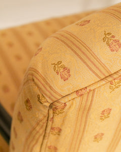 Queen Anne Style Yellow Stripe Floral Brocade Fabric Armchair Circa 1920’s