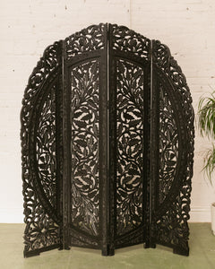 Black Ornate Wood Carved Round Room Divider