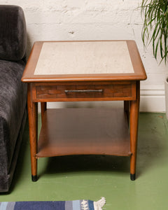 Travertine Basketweave Side Table with Drawer