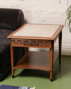 Travertine Basketweave Side Table with Drawer