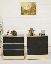 Load image into Gallery viewer, Pair of Black &amp; Gold Glass Lowboy Dressers

