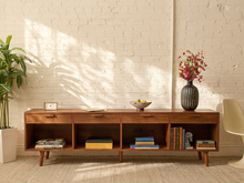 Load image into Gallery viewer, Boston Handcrafted, Walnut Low Credenza with Drawers and Open Storage
