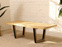 Load image into Gallery viewer, Handmade Modern Slatted Wood Bench with Sculptural Base
