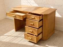 Load image into Gallery viewer, Vintage Coastal Rattan Writing Desk with Woven Drawer Fronts
