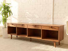 Load image into Gallery viewer, Boston Handcrafted, Walnut Low Credenza with Drawers and Open Storage
