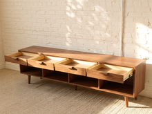 Load image into Gallery viewer, Boston Handcrafted, Walnut Low Credenza with Drawers and Open Storage
