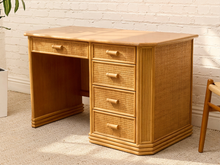 Load image into Gallery viewer, Vintage Coastal Rattan Writing Desk with Woven Drawer Fronts
