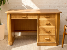 Load image into Gallery viewer, Vintage Coastal Rattan Writing Desk with Woven Drawer Fronts
