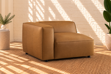 Load image into Gallery viewer, Florence three-piece modular sectional sofa in caramel vegan leather with deep seats, low backrests, and wide upholstered arms
