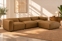 Load image into Gallery viewer, Florence caramel vegan leather four-piece modular sectional sofa with wide arms and square ottoman
