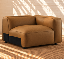 Load image into Gallery viewer, Florence caramel vegan leather four-piece modular sectional sofa with wide arms and square ottoman

